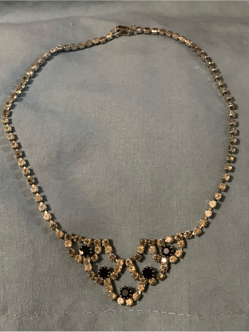 Vintage 1980’s Black and Clear Rhinestone Choker V-Necklace and Bracelet Set